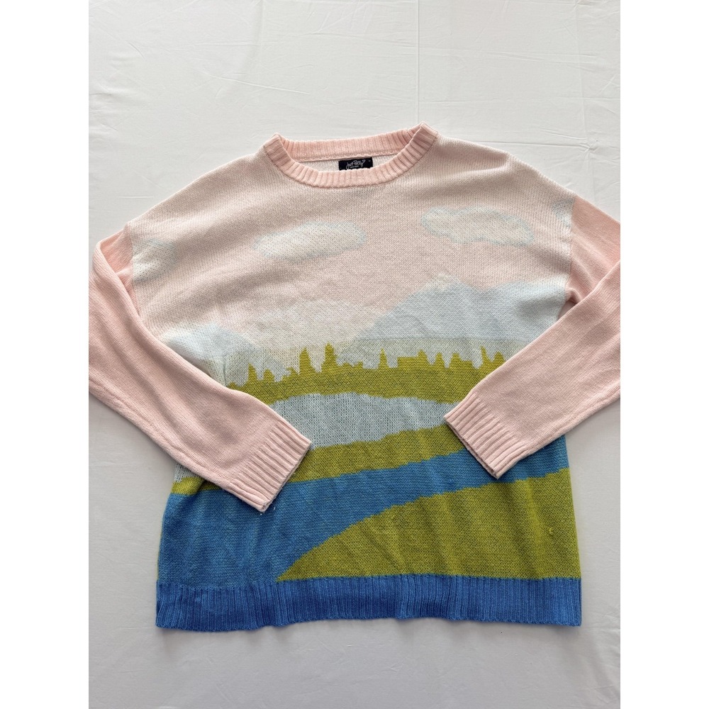 Just Polly Sweater Womens Medium Pink Landscape City Graphic Knit Pullover